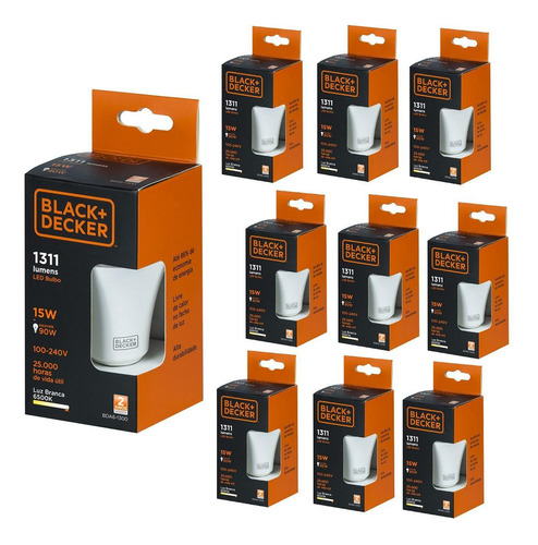 Kit 10 Lâmpadas Led 15w Black+decker Bivolt Luz Branca 6500k