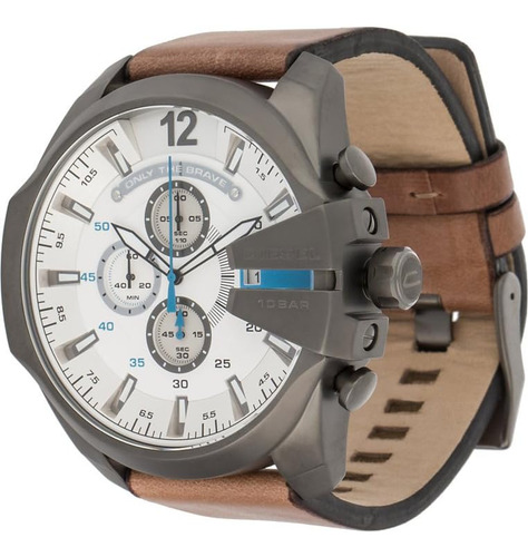 Diesel Mens Dz4280 Mega Chief Reloj De Cuero Marrón Metaliza