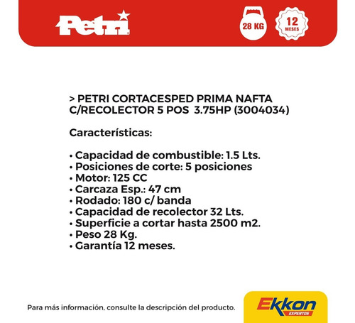 Imagen 2 de 7 de Cortadora De Césped Nafta Petri 3.75 Hp Recolector 5 Pos