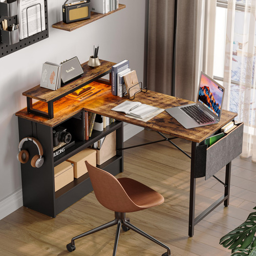Escritorio L C/estantes Soporte Monitor Gancho Auriculares B