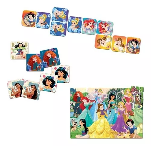 Kit Quebra Cabeça + Dominó +jogo Da Memória Princesas Disney