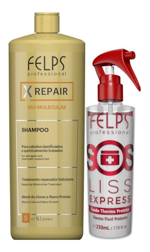 Felps Xrepair Shampoo 1l + Sos Liss Express Protetor Térmico