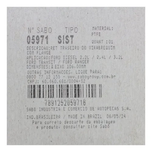 Retentor Flange Virabrequim Ranger 3.2 2.2 Transit 2.4 Sabó Retentor Flange Virabrequim Ranger 3.2 2.2 Transit 2.4 Sabó