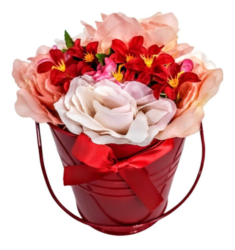 Imagem 3 de 4 de Baldinho + Rosas Artificiais Decoração Flores Arranjos Vasos