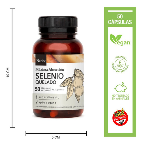 Natier Selenio Quelado Máxima Absorción Apto Vegano 50 Cap Sin Sabor