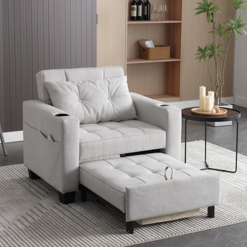 Sillón Convertible 99 Cm Sofá Cama Individual 3 En 1 Lino Bl