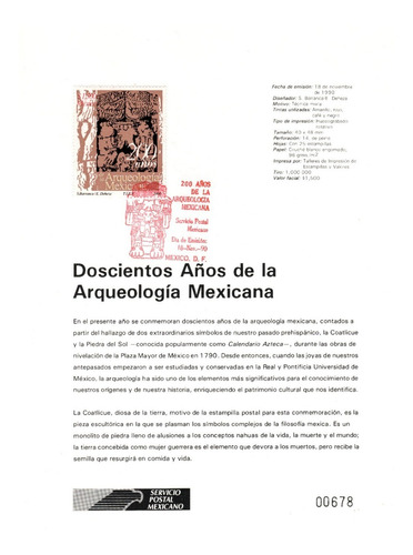 México Hoja Primer Día Arqueología 1990