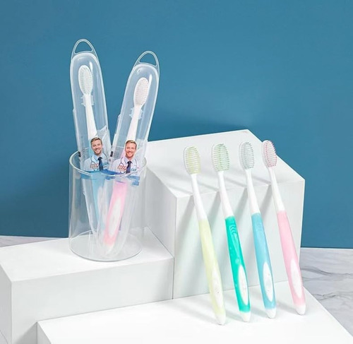 Set 4 Cepillos Dentales Suaves Con Estuche Individual Viaje Verde Azul Lila Verde Rosa
