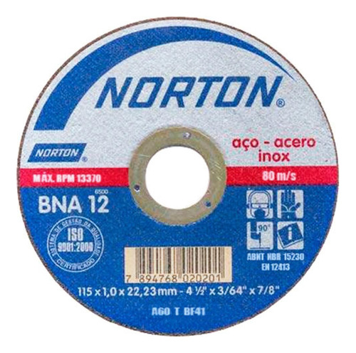 Disco De Corte Para Inox 4.1/2x1,0 Bna 12 Cx/25 Pecas Norton