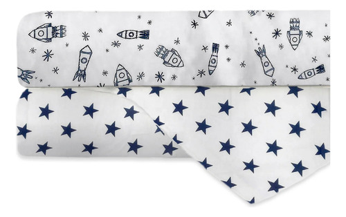 Set De 2 Sábanas De Cajón Para Colecho/corral (74x110) Azul Marino Cohetes/estrellas
