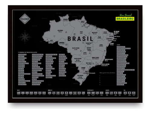 Mapa Do Brasil 60x42 Raspadinha Com Moldura Cor Prateado Cor Da Armação Preto