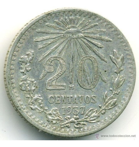 Moneda 20 Centavos Resplandor Plata Ley 0.720