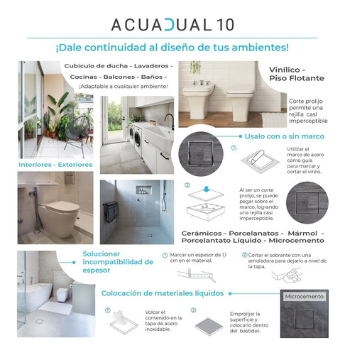 Imagen 5 de 8 de Desague 10x10 Vista Dual Porcel/inox. Acuadual Baño Full