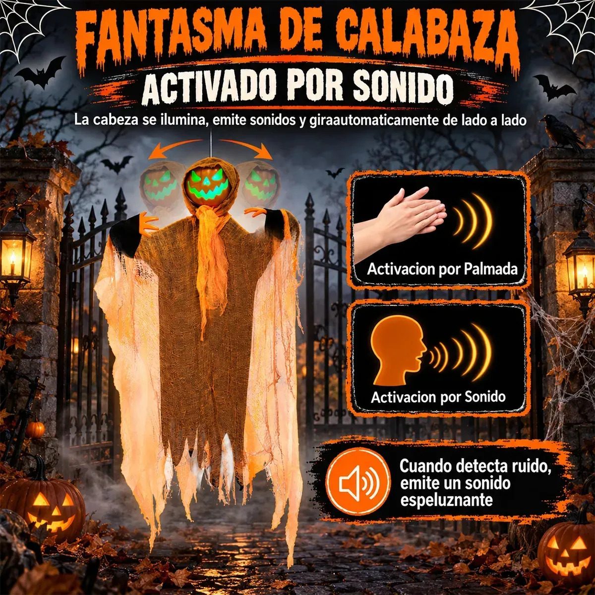 Fantasma Colgante LED con Sonido y Movimiento de 122 cm para Halloween