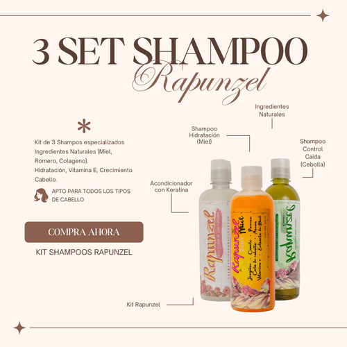 Kit 3 Rapunzel Shampoo Acondicinador Miel Cebolla Hidrata