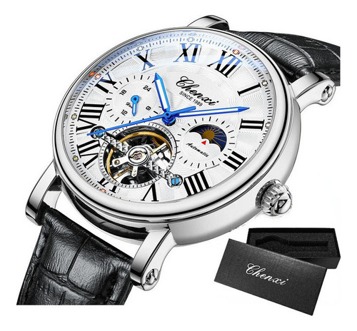 Reloj Automático Empresarial Chenxi Tourbillon De Cuero Color Del Fondo Silver/white