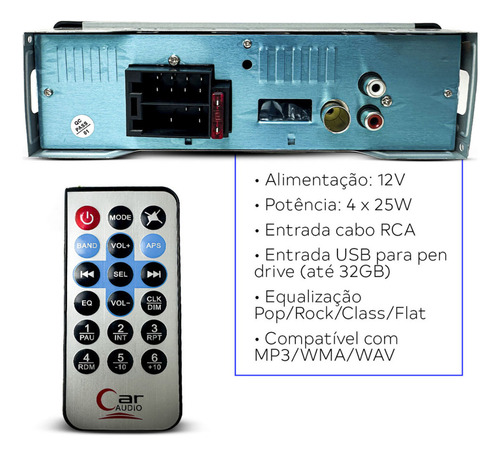 Rádio Som Automotivo Mp3 C/ Bluetooth 2 Usb's Aux Pen Drive