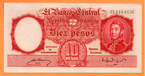 Billete 10 Pesos Moneda Nacional, Bottero 1943, Año 1952 Mb+