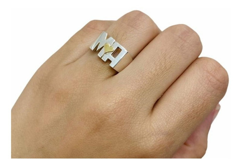 Anillo Plata 925 Corazón Oro Iniciales Caladas Rectangular 