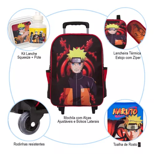 Kit Mochila De Rodinhas Grande Menino Naruto Aula + Toalha