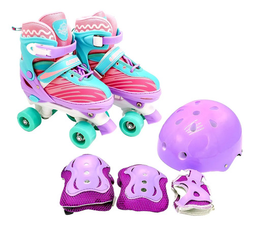 Patins Quad Infantil Unitoys Violeta Com Kit Proteção e Ajuste de Tamanho M (34-37)
