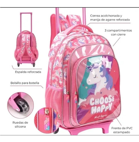 Imagen 3 de 7 de Mochila Unicornio 18 Carro Escolar 32137 Skora Carrito