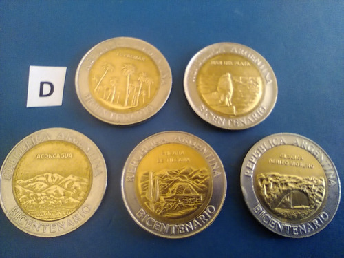 Un 1 Peso Monedas Colección X 5 Bicentenario 2010 Argentina (Usado)