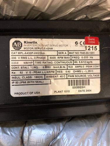 Motor Servo,5.42nm Mpl-a430p-hk22aa Mll