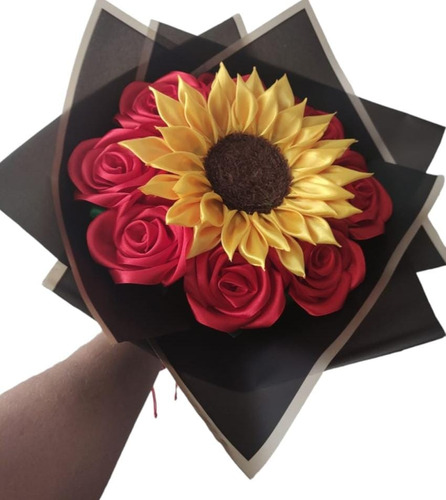 Ramo Eterno De 1 Girasol Con 8 Rosas  Mensaje Personalizado 