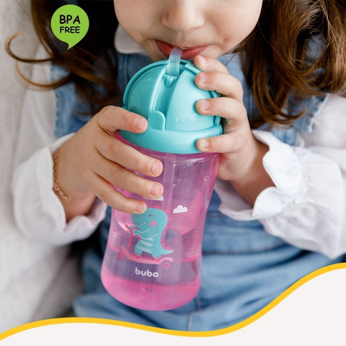 Copo Infantil Com Canudo Garrafinha De Silicone Dino Rosa