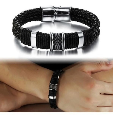 Pulsera De Cuero Elegante Varón Hombre Executive Black