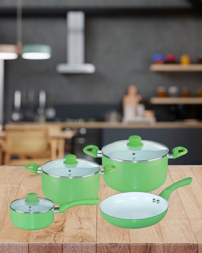 Batería Cocina Cuori Verde 7 Pcs En Acero Con Antiadherente