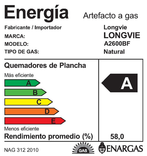Imagen 3 de 3 de Anafe A Gas Longvie A2600bf Blanco Encendido Una Mano