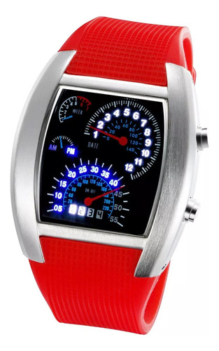 Reloj Aviador Led Premium Tipo Velocimetro Rojo Y Plata