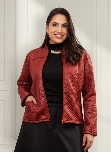 Casaco Plus Size Feminino Metalassê Resinado Zíper Com Bolso