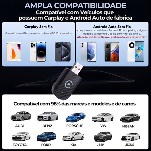 Adaptador Carplay Sem Fio 2 Em 1 Ios E Android Multimidia