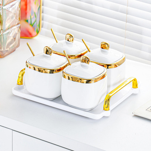 . Recipiente De Cerámica Para Condimentos, 4 Tarros De Oro