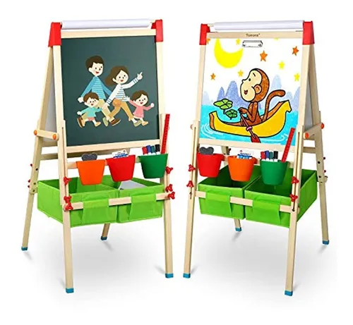 Caballete artístico de madera para niños, caballete de doble cara con  pizarra blanca y pizarra, caballete de pie ajustable con accesorios de  pintura