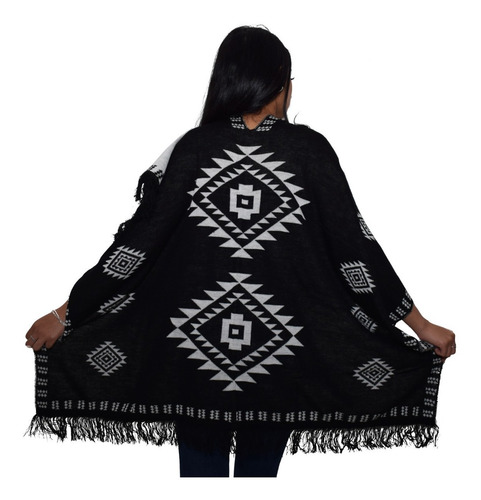 Poncho Tejido Para Dama, Negro, Gris, Beige, Tejido Grecas