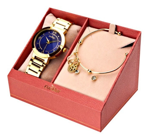 Kit Relógio + Pulseira E Brincos Feminino Condor Cor da correia Dourado Cor do bisel Dourado Cor do fundo Azul