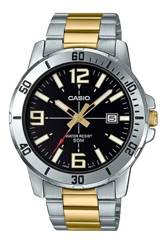 Reloj pulsera Casio Dress MTP-VD01sg1-B de cuerpo color plateado, analógica, para hombre, fondo negro, con correa de acero inoxidable color plateado y oro, agujas color dorado, blanco y rojo, dial blanco y dorado, minutero/segundero blanco, bisel color plateado y desplegable