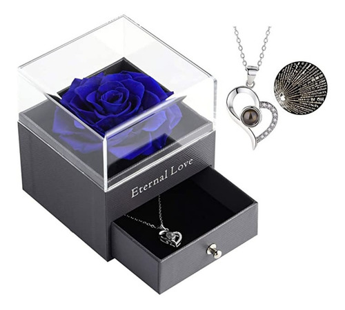 Rosa Real Eterna Y Collar Con Dije, Caja De Acrilico Color Azul