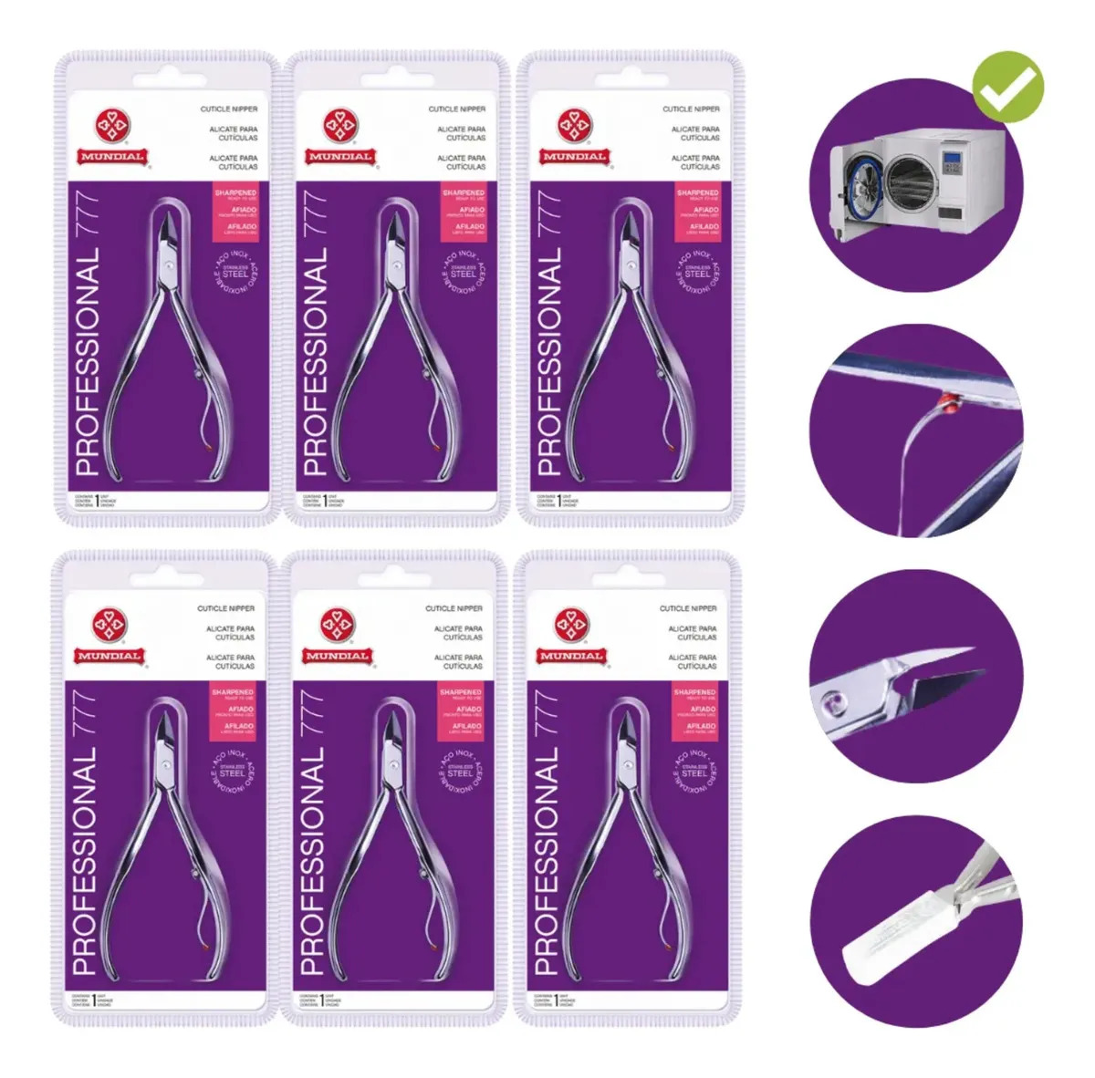 Kit C/ 6 Alicates de Cutícula 777 Professional Aço Inox Mundial