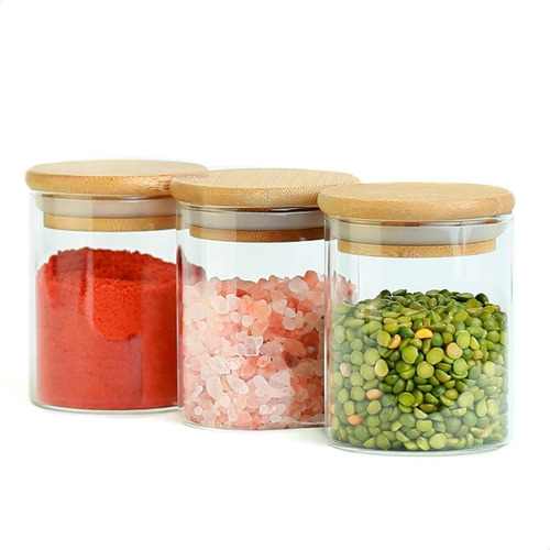 Kit 3 Pcs Pote De Vidro Com Tampa De Bambu Hermético 200ml Kadê