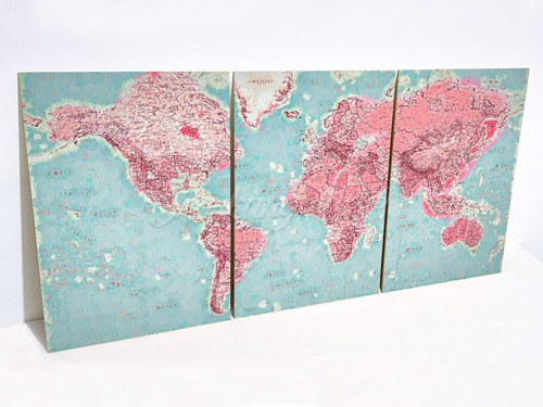 Cuadro Tríptico Mapa Mundi Moderno Rosa Xl