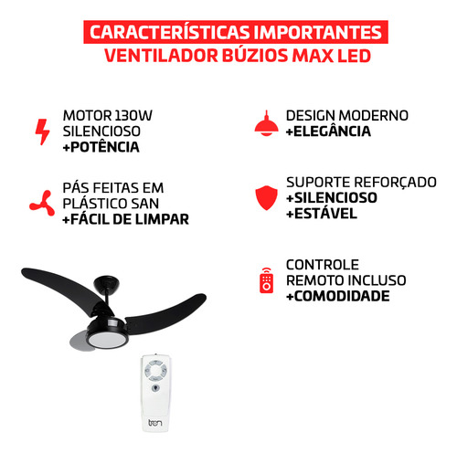 Ventilador De Teto Búzios Max Led Preto 127V Com Controle Remoto Compatível Com Alexa