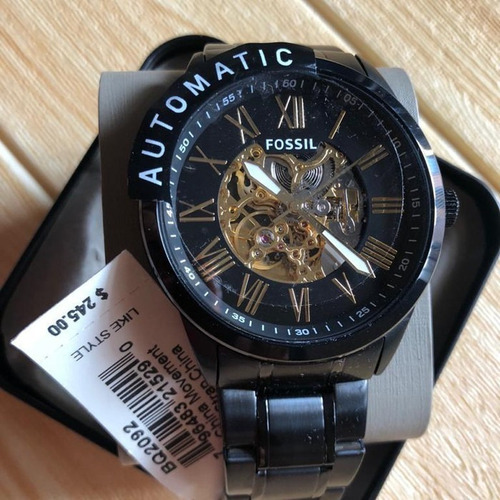Reloj Fossil Extensible Metálico Automatico Bq2092 Correa Negro Bisel Negro Fondo Dorado
