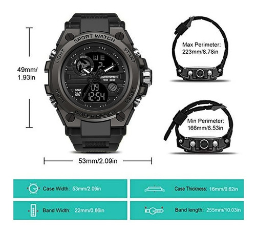Reloj pulsera Sanda 739 de cuerpo color negro, analógico-digital, para hombre, fondo negro, con correa de poliuretano color negro, agujas color negro y blanco, dial negro, subesferas color negro y gris, minutero/segundero blanco, bisel color negro, luz celeste y hebilla simple