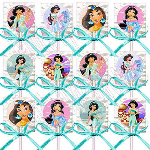 12 Lollipops Princesa Jasmine De Aladdin Con Lazos Turquesa 