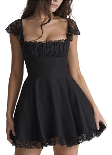 Mini Vestido Sexy Mujer Cuello Cuadrado Encaje Sin Mangas